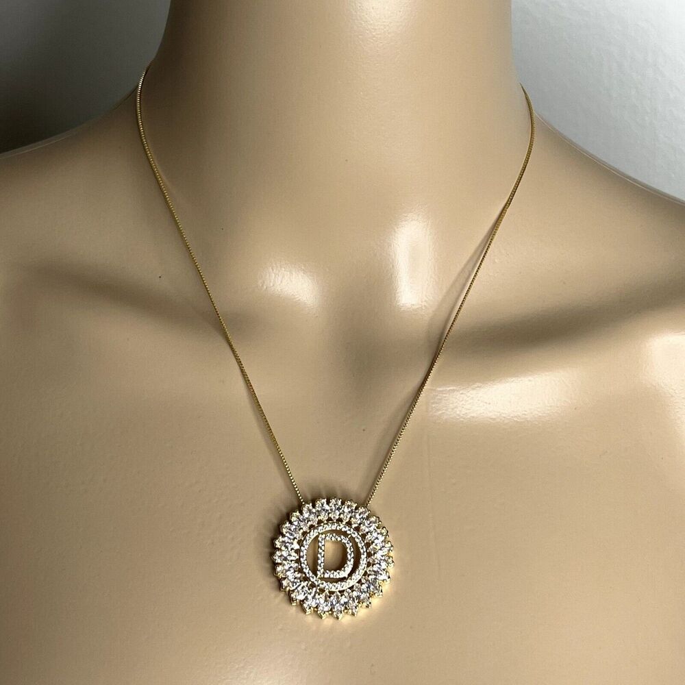 Letter D Gold Rhinestone Medallion Pendant Necklace